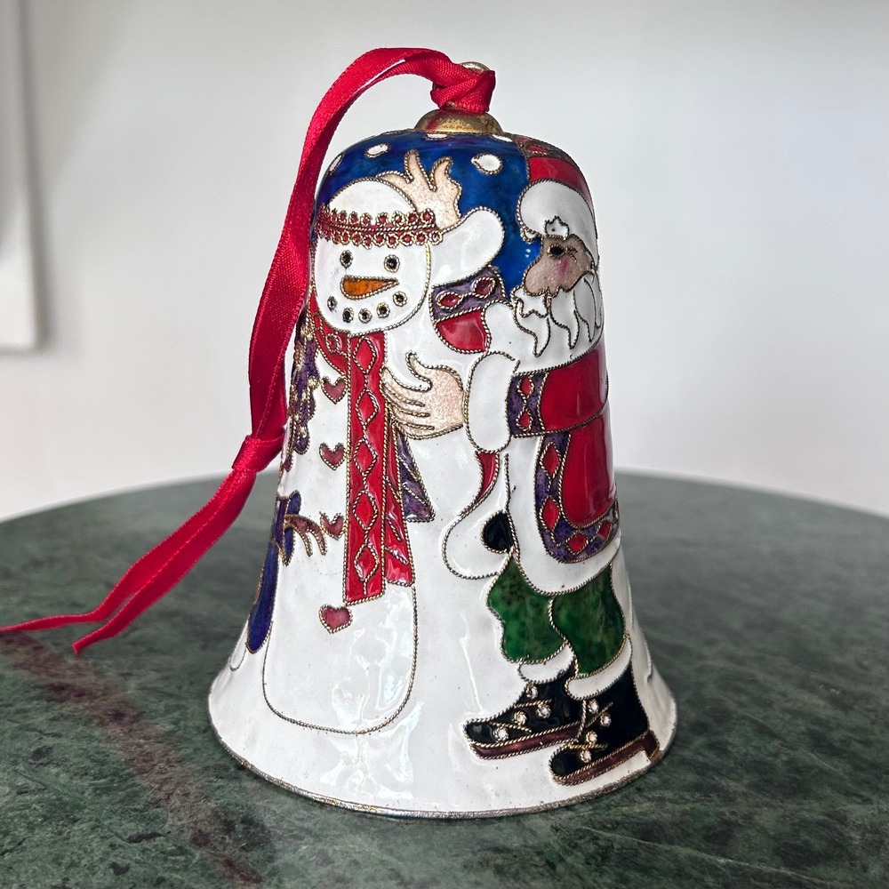 Christmas Bell Ornament Cloisonne Enamel Santa Snowman Tree Dillards 2002